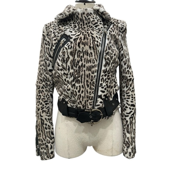 Cesare Paciotti Leopard animal print dagger rabbit fur Moto jacket XS - Picture 2 of 16